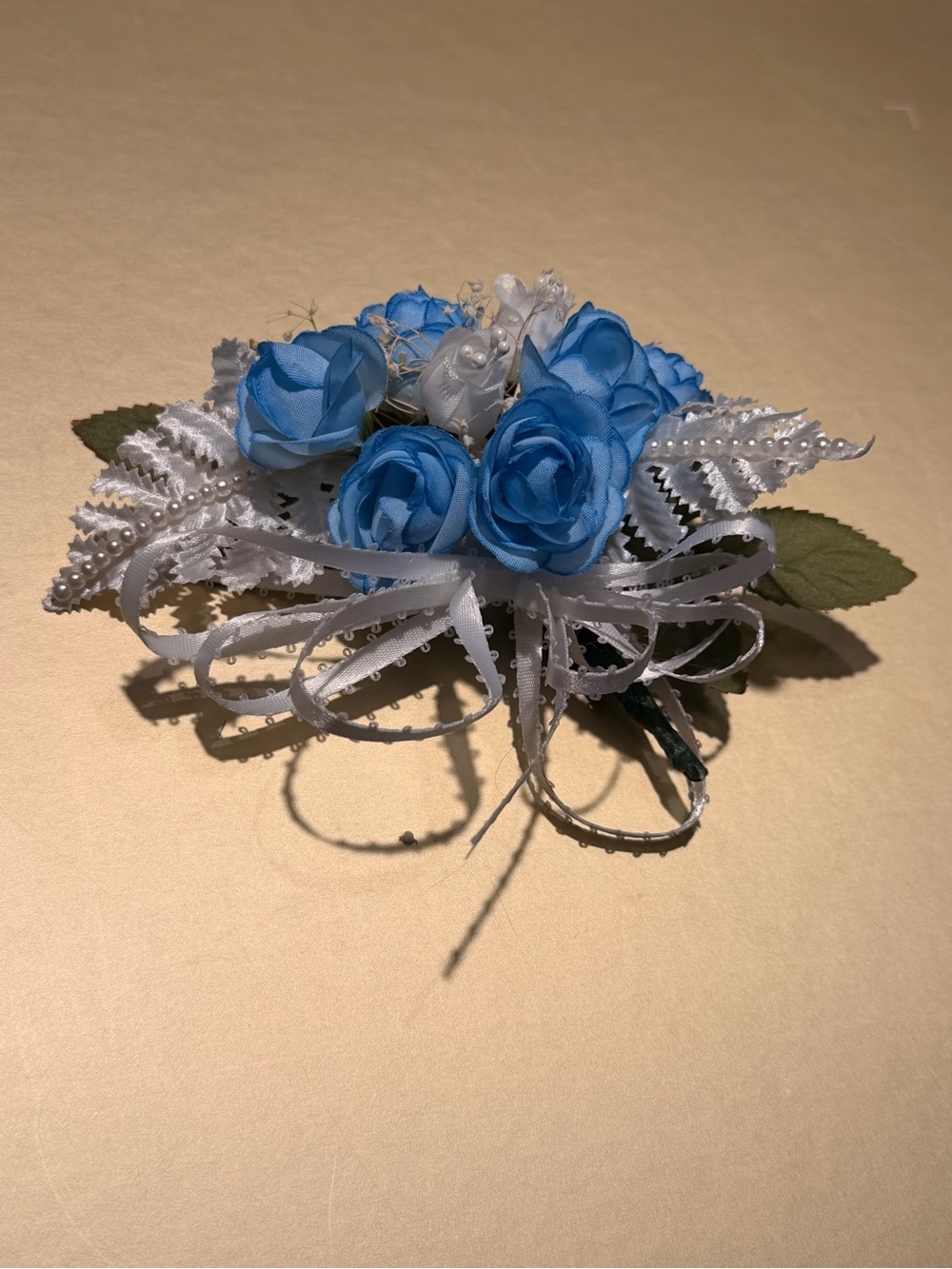 Vintage Blue and White Floral Corsage - Fabric Rose Boutonniere